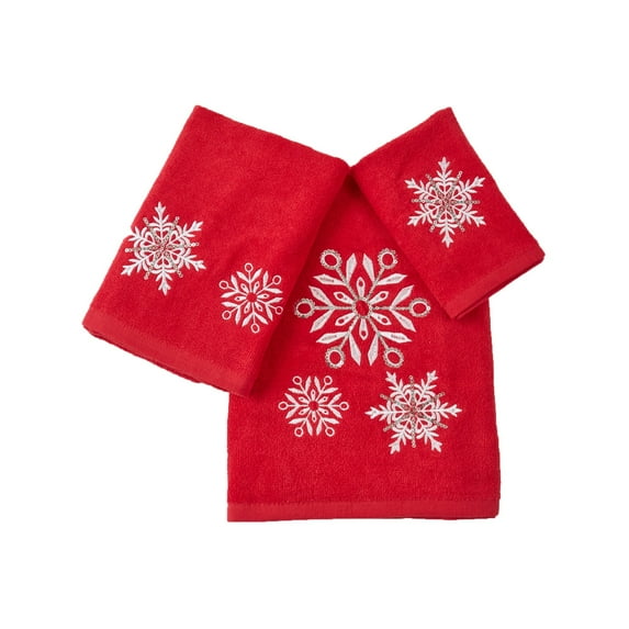 Hong and Arts Inc. Xmas Premium Decor Soft 100% Cotton Embroidered Bathroom Modern 3 Piece Christmas Towel Set, Red White Color Red Snowflake