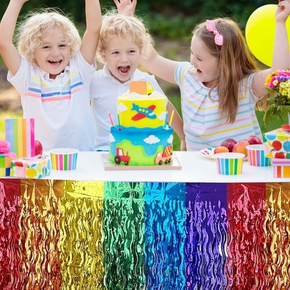 HongHeng 1 Pack Rainbow Foil Fringe Tinsel Table Skirts Disposable Table Skirt Banner for Rectangle Tables Tinsel Backdrop Curtain Party Supplies Wedding Parade Floats Decorations