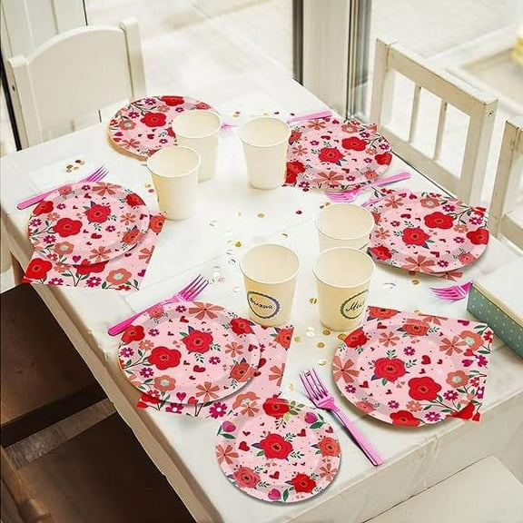 HongHeng 168Pcs Spring Flowers Party Supplies Pack Serving 24 Guests, Including Dinner Plates, Luncheon Napkins Knife fork Spoon and Cups Tableware Valentine's Day Decoration Set