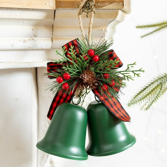 HongHeng 1Pc Christmas Bell Hanging Ornaments Rustic Metal Bell Decoration Xmas Hanging Decorative Bell with Red Berry for Christmas Wreath Tree Door Decor