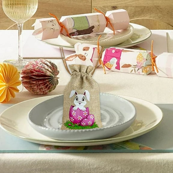HongHeng 1Pc Easter Burlap Gift Bags Easter Drawstring Candy Treat Bags Bunny Linen Jute Gift Bags Easter Goodie Bags for Kids Easter Party Supply