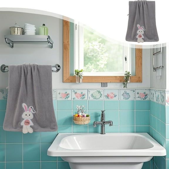 HongHeng 1Pc Easter Hand Towels Set Cotton Embroidered Kitchen Towels Bunny Dish Towels 13 x 29 Inches Decorative Bathroom Gift Set for Holiday Housewarming Gift