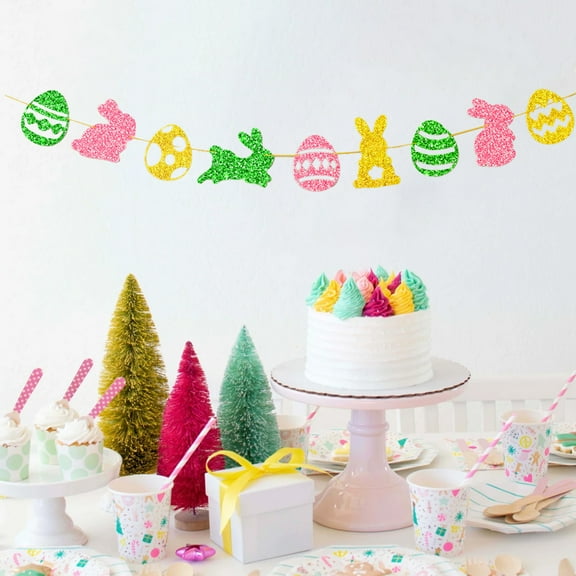 HongHeng 1Pc Happy Easter Banner with Bunny Easter Eggs - Spring Easter Party Banner Decor - Children Birthday - Baby Shower Anniversary Party Decorations, Gold Glitter