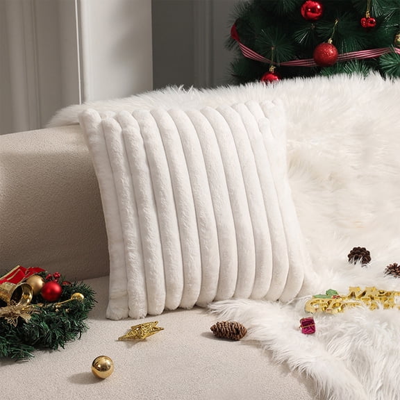 HongHeng 1Pc Striped Decorative Throw Pillow Covers 17x17 Inch, Square Spring Decorations Couch Pillow Case, Soft Cozy Faux Fur & Velvet Back, Modern Home Decor for Bed