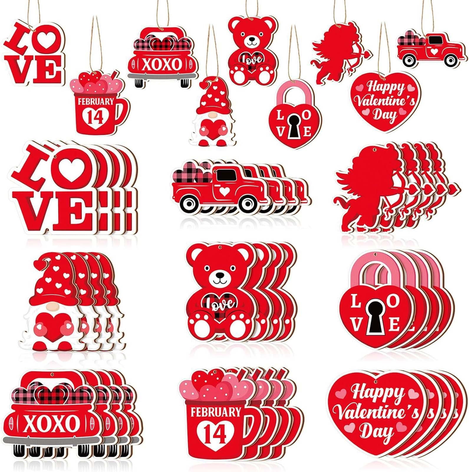 HongHeng 27Pcs Valentine's Day Wood Ornaments Valentine's Day Heart Gnome Cutouts Hanging Valentine's Tree Decorations with Ropes Truck Gnome Valentine's Day Wood Decor for Home Party