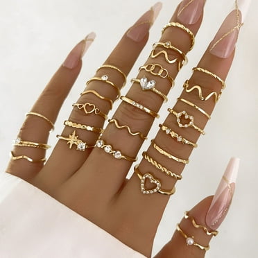 HongHeng 28PCS 14K Gold Plated Ring Set for Women Dainty CZ Simulated Diamond Ring Eternity Band Non-Tarnish Gold Stackable Ring