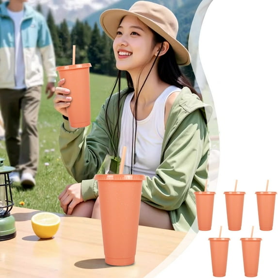 HongHeng 5 Pack Tumbler with Straw and Lid Bulk Glitter Plastic Cups Water Bottle Iced Coffee Travel Mug Reusable Party Favor Cups for Birthdays travel 710ml