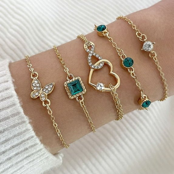 HongHeng 5Pcs Gold Chain Statement Bracelet for Women Green Crystal Tiny Rhinestone Bracelet Vintage Infinity Butterfly Heart Bracelet Dainty Jewelry Gift