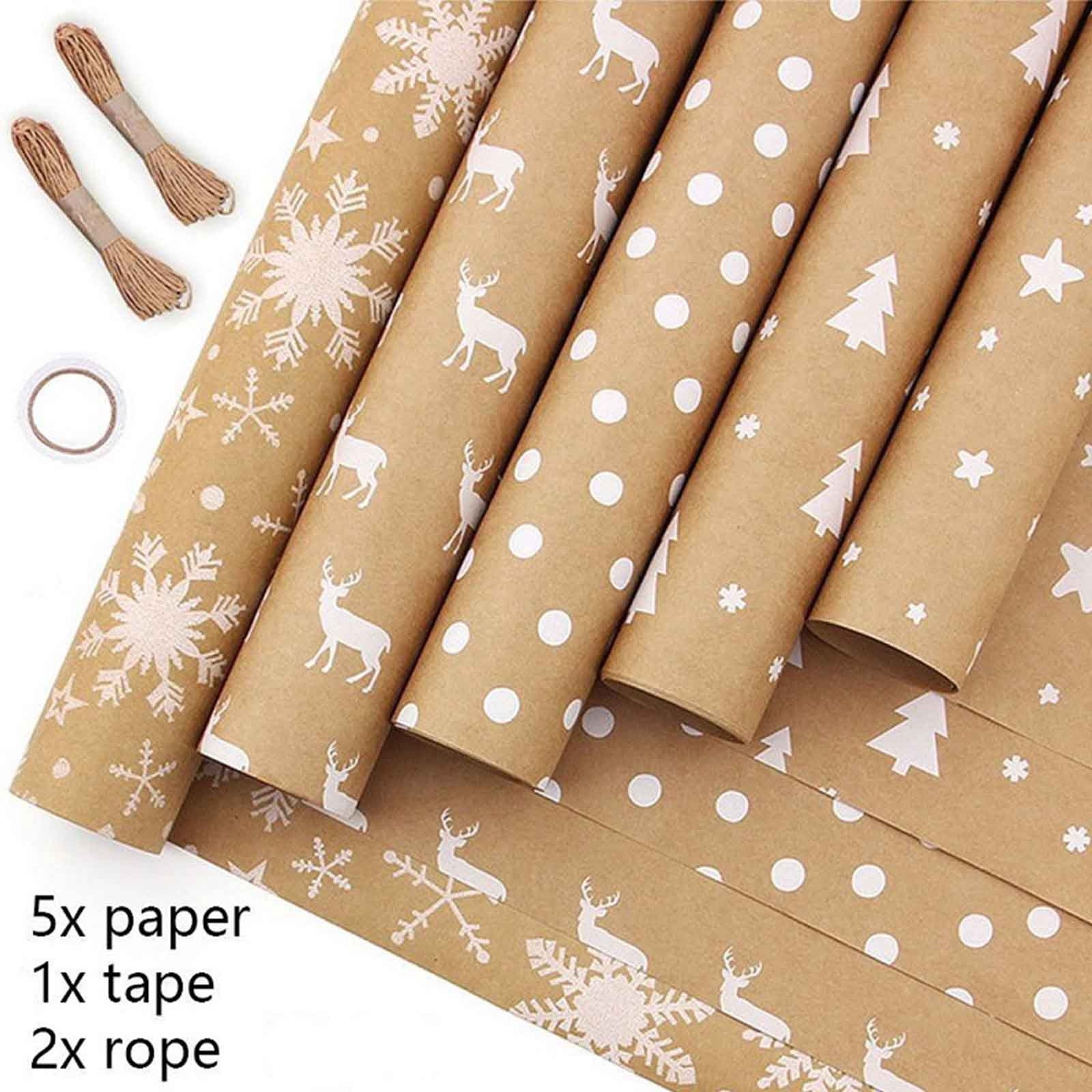 HongHeng 5Pcs Recyclable Minimalist Kraft Wrapping Paper with Cut Lines White Trees, Deer Antlers, Snowflakes on Brown Kraft for Winter Weddings, Birthdays with Rope and Tape