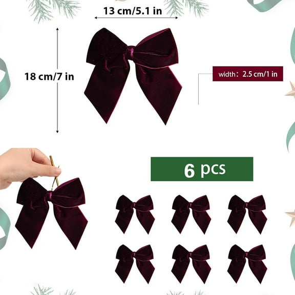 HongHeng 6Pcs Christmas Velvet Bows Rustic Wreath Gift Bows Vintage Xmas Velvet Ribbon Bow Holiday Ornaments for Christmas Tree Garland DIY Craft Wrapping Decor
