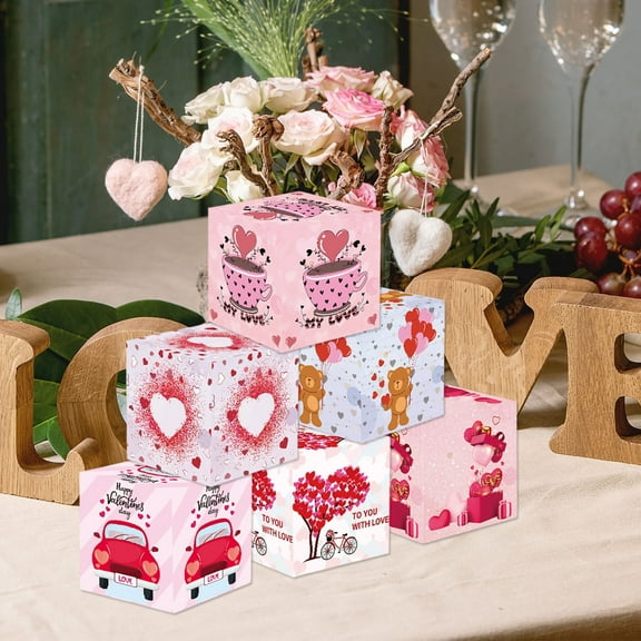 HongHeng 6Pcs Valentine's Day Party Cardboard Treat Boxes Pink Love Heart Candy Boxes Valentines Day Party Favor Boxes Romantic Celebrations Candy Cookie Goody Boxes