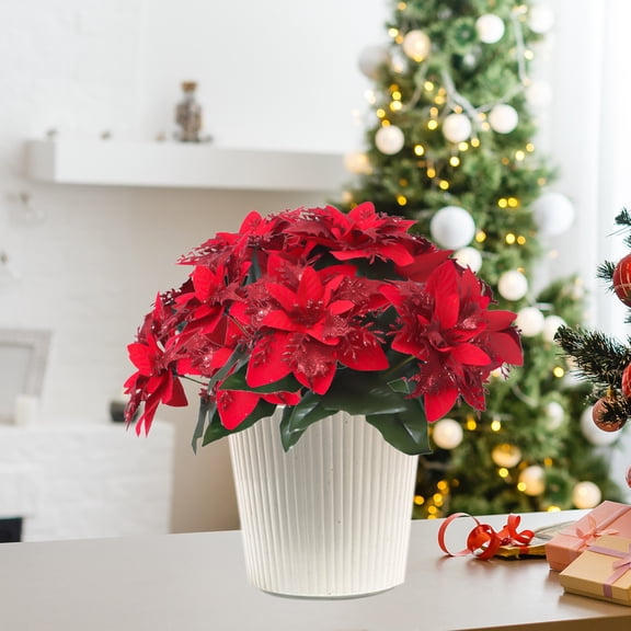 HongHeng 7 forks Christmas Glitter Poinsettia Artificial Bushes 12.5 Inch Poinsettia Flowers Bushes Poinsettia Plants Christmas Decorations Ornaments for Indoor Outdoor (Red)