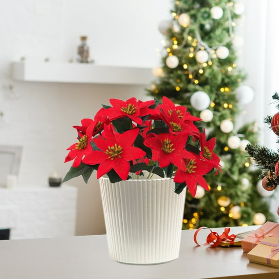 HongHeng Artificial Poinsettia Bouquet 7 Heads 12" Velvet Poinsettia Bush Christmas Flowers for Porch Home Garden Indoor Outdoor Xmas Decorations (Red)