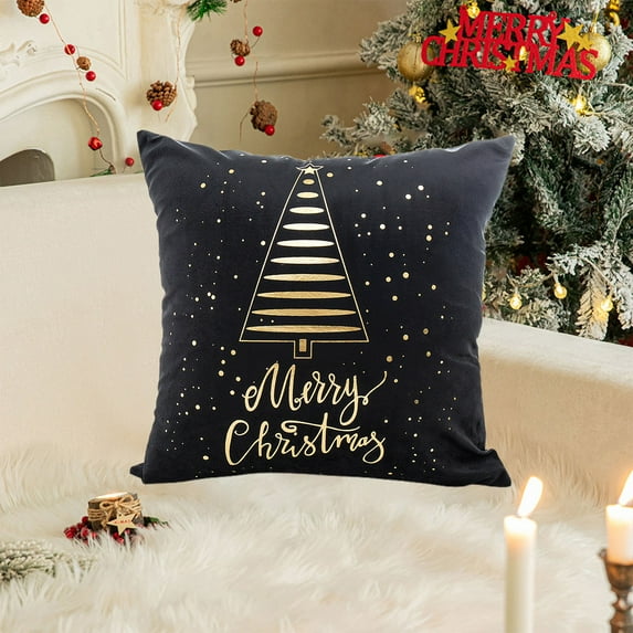 HongHeng Black Gold Christmas Throw Pillow Covers Xmas Decor Golden Decorative Tree Snowflakes Reindeer Cushion Cases Tree Bronzing Home for Couch Sofa Bedroom 17x17in