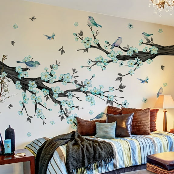 HongHeng Blue Flower Wall Stickers - Large Removable Tree Branch Wall Decals with Flying Birds - DIY Peel and Stick Wall Art for Nursery, Kids Bedroom, Classroom Decor (76x65 Inch)