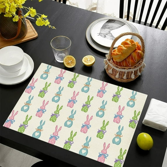 HongHeng Bunnys Happy Easter Placemat 1Pc, 11x17 Inch Seasonal Spring Holiday Table Mats for Party Kitchen Dining Decoration