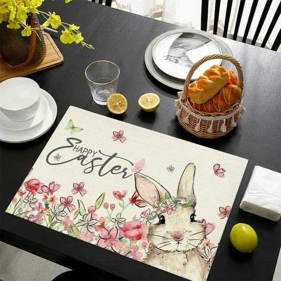 HongHeng Bunnys Happy Easter Placemat 1Pc, 11x17 Inch Seasonal Spring Holiday Table Mats for Party Kitchen Dining Decoration