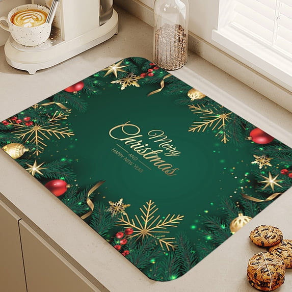 HongHeng Christmas Dish Drying Mat for Kitchen Counter, Christmas Absorbent Fast Dry Dishes Coffee Mats, Xmas Kitchen Accessories Drainer Rack Pad 15x19 Inch