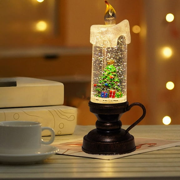 HongHeng Christmas Flameless Candle Snow Globe Battery Operated, 7.8 Inches Swirling Water Glittering Lighted Snow Globe Candlestick Thanksgiving Christmas Decorations