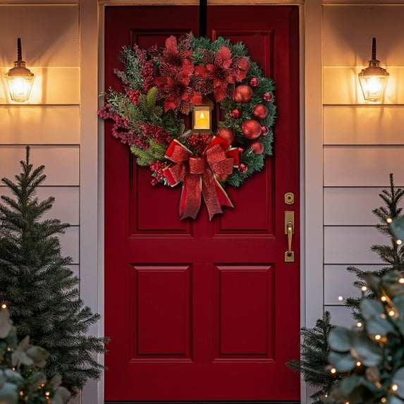 HongHeng Christmas Under $ 5 2024 Large Christmas Wreaths for Front Door Artificial Lighted Christmas Wreath with Bow Ribbon Red Christmas Front Door Wreath with Christmas Ball Christmas