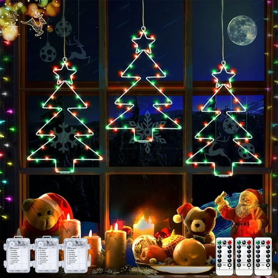 HongHeng Christmas Window Lights 3 Pcs Battery Operated LED Tree Light 8 Modes Fairy Hanging Light, Outdoor Waterproof Decor for Porch Holiday Party Fireplace Decoration