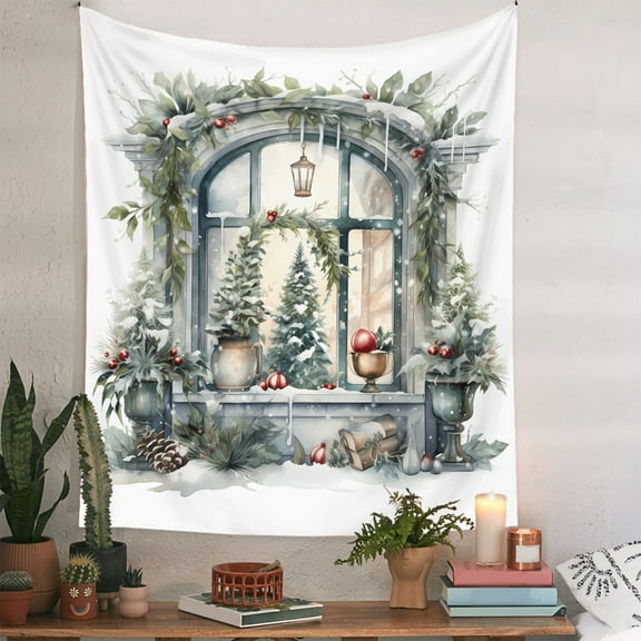 HongHeng Christmas Winter Tapestry Snow forest outside Windows Tapestries Wall Hanging Red Xmas Balls and Christmas Wreath Tapestry for Bedroom Living Room Dorm Wall Decor
