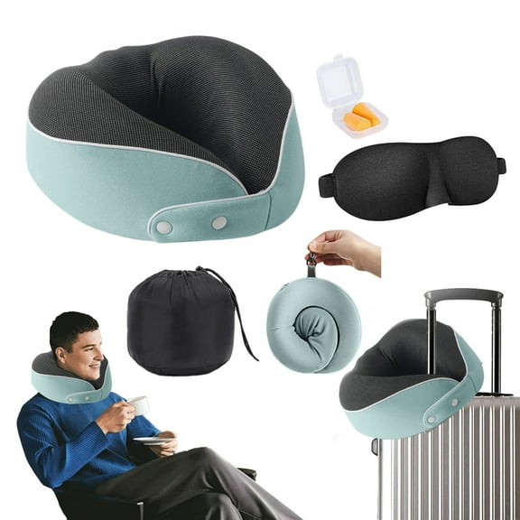 HongHeng Clearance Under $2.00 4pc Set Travel Pillow Memories Foam Travel Neck Pillow with Eye Mask Earplugs Storage Bag for Plane Car Home Recliner Use