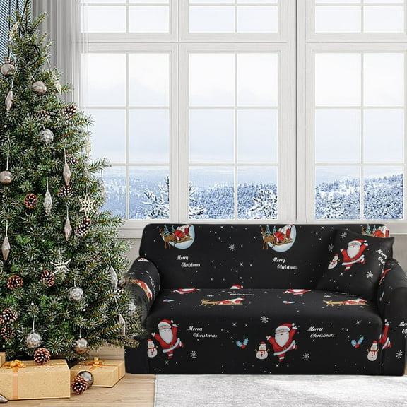 HongHeng Clearance Under $2.00 Christmas Printed Sofa Cover Santa Claus Elastic Couch Cover Machine Washable Christmas theme Red Sofa Slipcover for Living Room Festive Sofa Protector