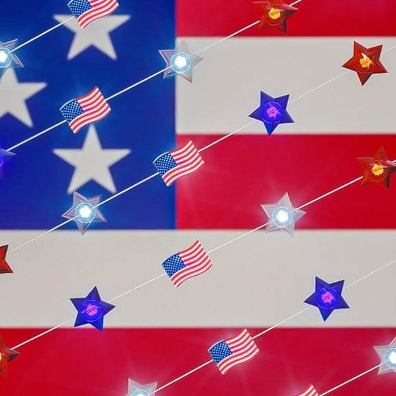 HongHeng Clearance Under $2.00 Flag Shaped Copper Wires Light String Independence Day Decorative Light Red B-lue White Five Pointed Star Colored Light Flashing Light