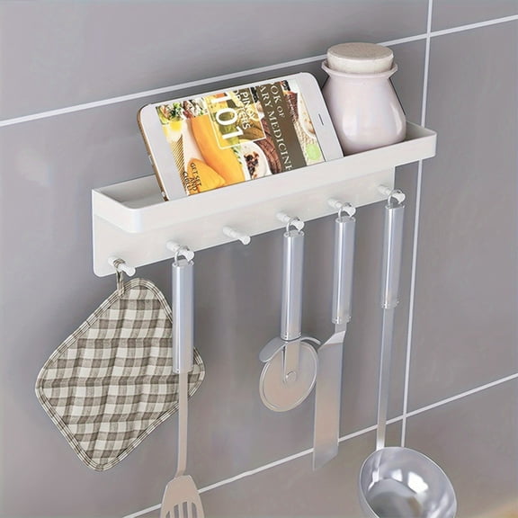 HongHeng Clearance Under $2.00 Kitchen Utensil Rack with Slidable Hooks for Hanging Pots and Pans Rod Hooks for Mugs Wall Mounted Kitchen Rail Organizer Can Put Knives Nail Storage