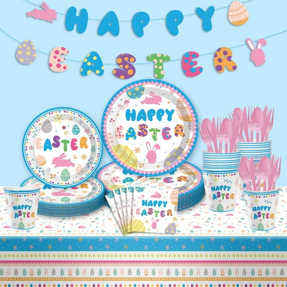 HongHeng Clearance Under $2.00 Easter Bunny Eggs theme Party Sets Disposable Paper Plates Tissue Paper Cups Flags Tablecloth Sets