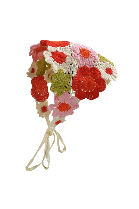 Clearance Under $2.00 Hand Crocheted Hook Flower Hollowed Out Triangular Scarf Sweet and Cute Tie Hair Turban Hat