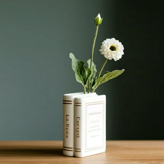 HongHeng Decorative Book Vase for Flowers, White Ceramic Vases for Modern Home Decor, Cute Bookish Planter Pot for Bookshelf/Dining Table/office Desk, Unique Vase for Book Lovers