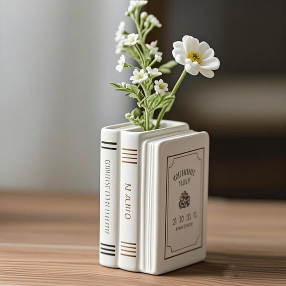 HongHeng Decorative Book Vase for Flowers, White Ceramic Vases for Modern Home Decor, Cute Bookish Planter Pot for Bookshelf/Dining Table/office Desk, Unique Vase for Book Lovers