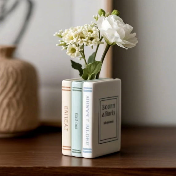 HongHeng Decorative Book Vase for Flowers, White Ceramic Vases for Modern Home Decor, Cute Bookish Planter Pot for Bookshelf/Dining Table/office Desk, Unique Vase for Book Lovers