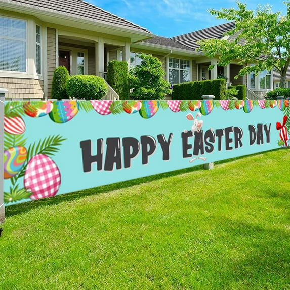 HongHeng Easter Banner Outdoor Decorations Yard Sign Party Supplies Welcome Backdrop Eggs Bunny Home Decor for Outside Indoor Garden Fence Balcony Porch Tree Front Door Greeting