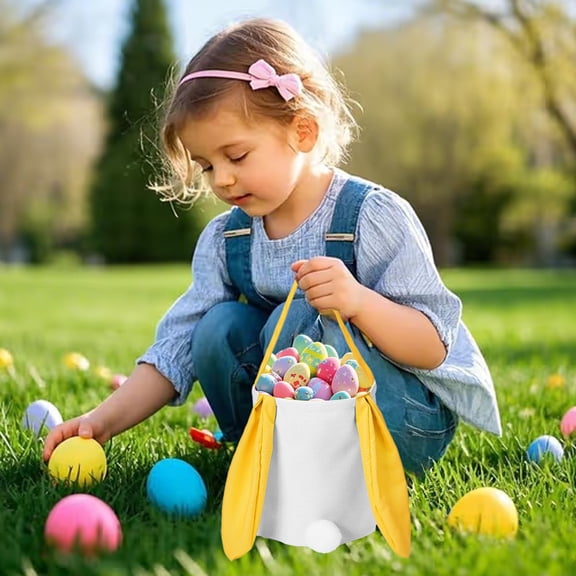 HongHeng Easter Bunny Basket - Canvas Cotton Carrying Gift and Eggs Hunt Bag, with Long Ear Toys Bucket Tote Bags for Kids