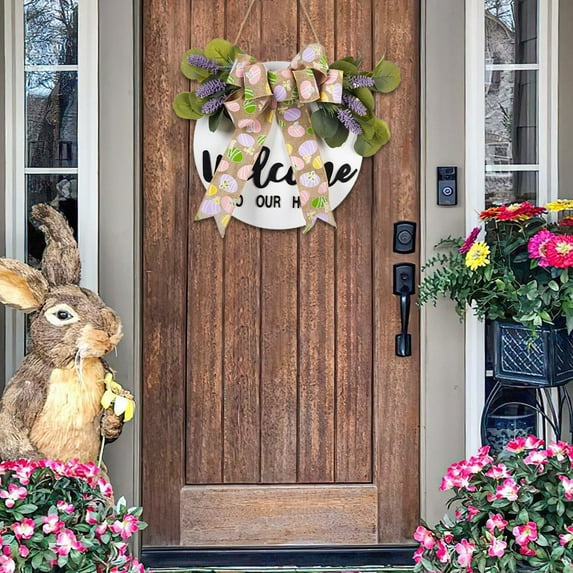 HongHeng Easter Bunny Door Sign, Easter Bunny Hanger Wreath for Front Door, Easter Wood Hanging Door Decor, Easter Welcome Spring Decoration for Home Porch Wall Indoor Outdoor