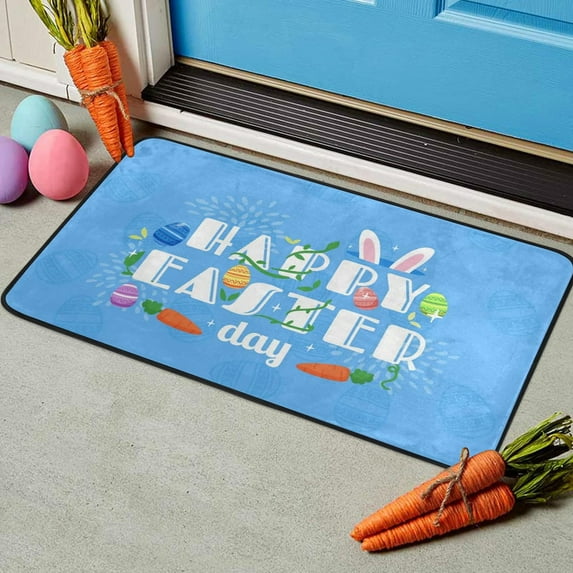 HongHeng Easter Door Mat Decorative 15x23 Inch Front Door Mat, Non-Slip Rubber Easter Welcome Decorative Doormat, Colorful Easter Eggs Bunny, Easter Outdoor Floor Mat