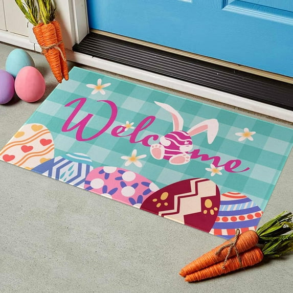 HongHeng Easter Door Mat for Front Door, Easter Decorations Easter Bunny Eggs Welcome Doormat Non-Slip Washable Happy Easter Outdoor Mat Entry Rug for Indoor Outdoor 19 x 31 Inch