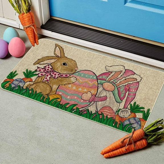 HongHeng Easter Doormat Rug, Bunny Colorful Eggs Flower Floral Welcome Door Mat for Floor Non Slip Rubber Backing Seasonal Holiday Switch Mat for Indoor Outdoor