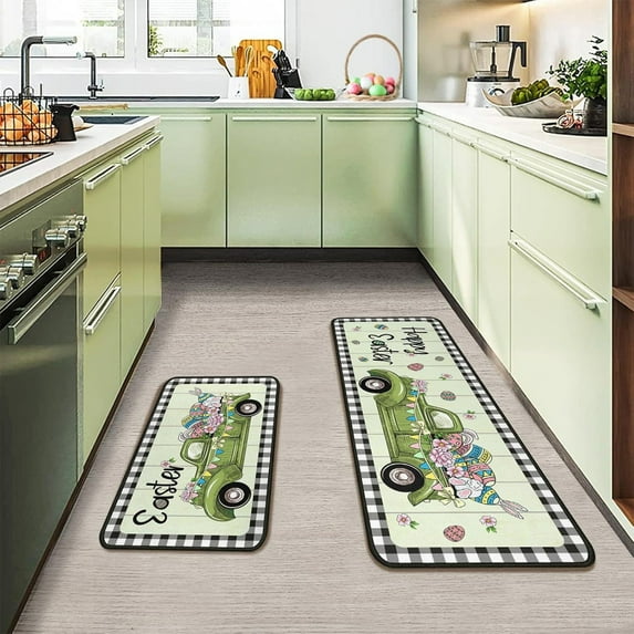 HongHeng Easter Eggs Bunny Kitchen Rugs Set 2Pcs Non-Slip Spring Kitchen Floor Rug and Mat Cushioned Kitchen Runner Rug for Holiday Bedroom Restaurant Decorations