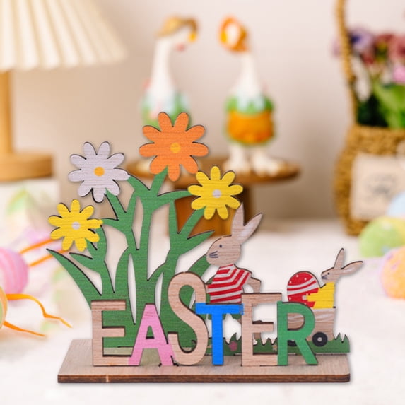 HongHeng Easter Wooden Table Sign Decoration Spring Freestanding Wood Tabletop Centerpiece Signs Retro Happy Easter Eggs Bunny for Home Table Tiered Tray Party Decor