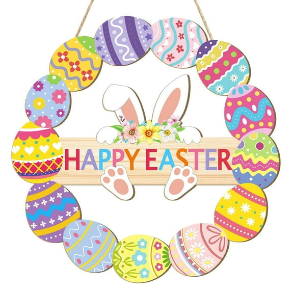 HongHeng Easter Wreath Decorations for Front Door Outdoor, Wooden Easter Door Hanging Decor Flowers Egg Spring Wreaths with Happy Bunny Welcome Sign for Porch Wall Room Farmhouse