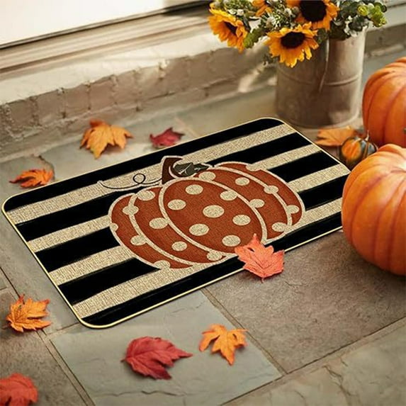 HongHeng Fall Welcome Pumpkin Doormat Rug, Halloween Autumn Polka Dots Decorative Outdoor Mat Non Slip Rubber Backing for Entrance Seasonal Outside Indoor Front Kitchen Decortion