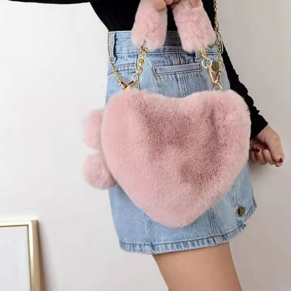 HongHeng Furry Purse for Girls Heart Shaped Fluffy Faux Fur Handbag for Women Soft Small Shoulder Bag Clutch Purse Valentine's Day Gift