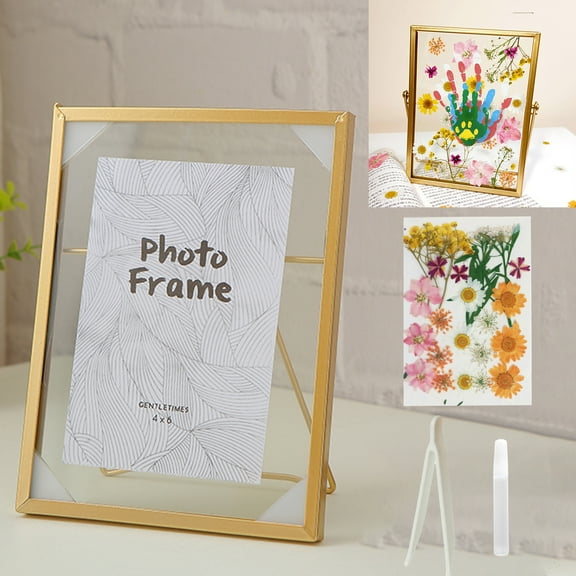 HongHeng Glass Pressed Flower Frame Handmade, Floating Picture Frames for Pressed Flowers, Tabletop Artwork Photo Frames, Brass Desk Picture Frame for Home office Plant Specimen