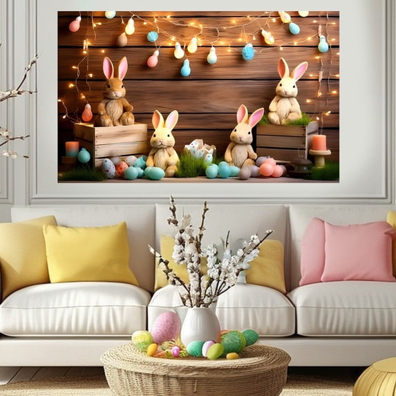 HongHeng Happy Easter Decorations Easter Backdrops Photography Banner Bunny Grassland Rustic Wood Background Eggs Banner for Jesus Easter Spring Party Decorations, 70.9 x 43.3 Inch