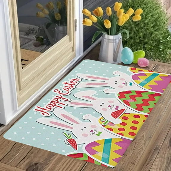 HongHeng Happy Easter Decorative Door Mat Bunny Eggs Welcome Doormat for Indoor Outdoor, Spring Floor Mat Entry Rug Non-Slip Washable for Porch Front Door Entrance