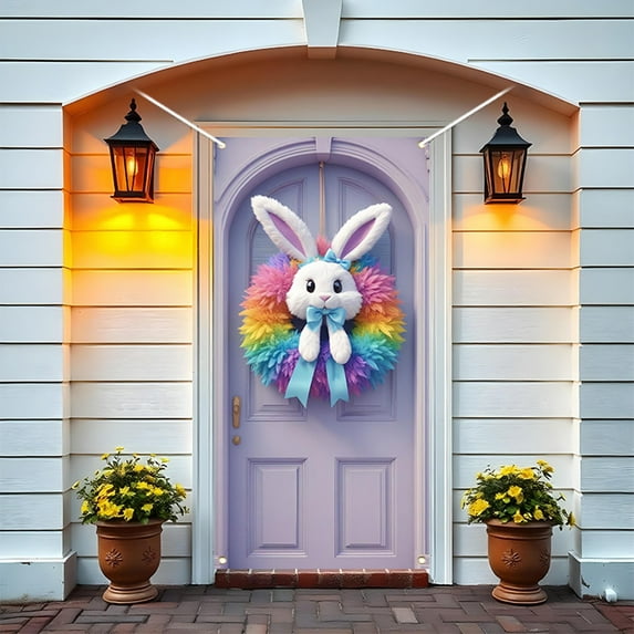 HongHeng Happy Easter Door Cover Bunny Banner Large Fabric Colorful Spring Welcome Decoration for Easter Party Photo Booth Background Favor Supplies, 35 x 71 Inches